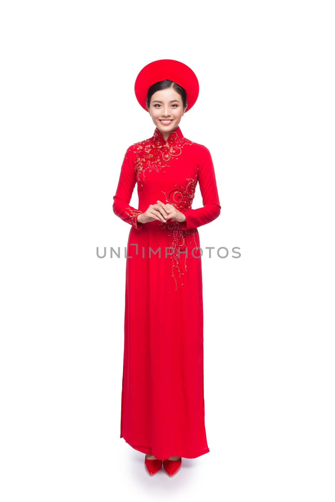 Full length of Vietnamese Bride in Red Ao Dai Traditional Dress  by makidotvn