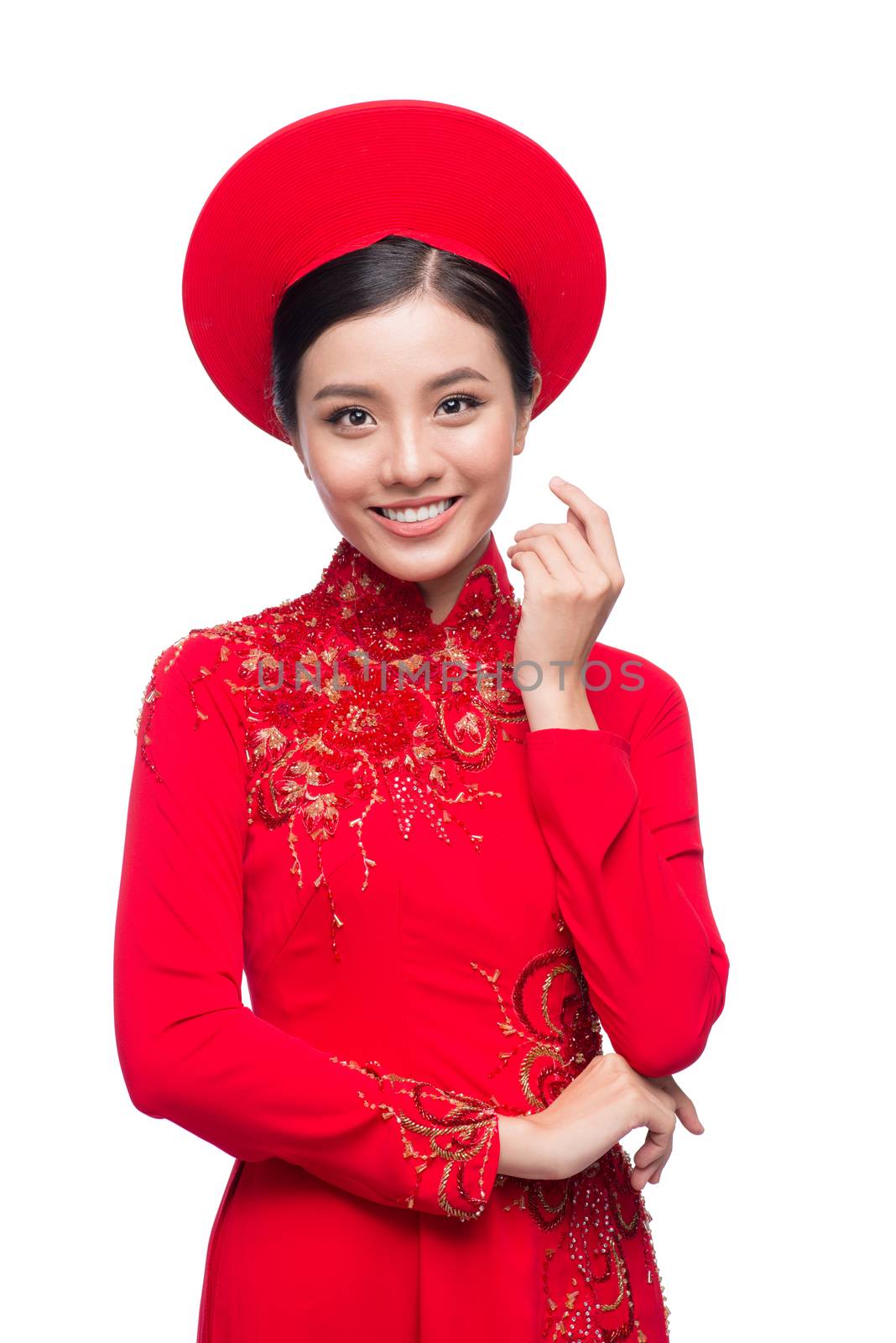 Charming Vietnamese Bride in Red Ao Dai Traditional Dress with h by makidotvn