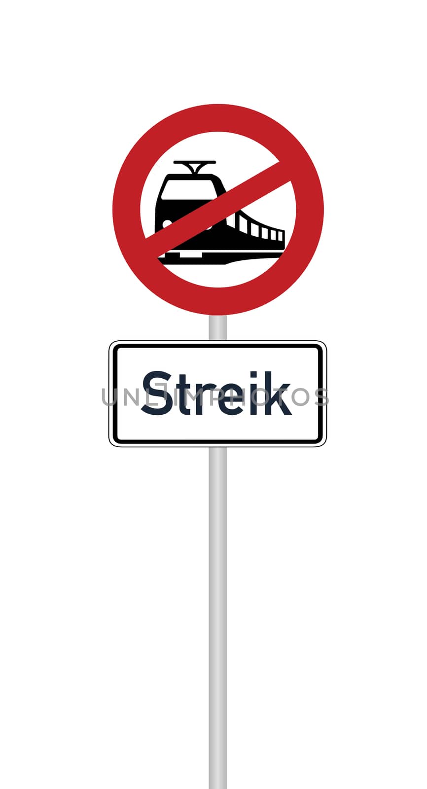 Traffic sign railway crossing with additional sign and german text for strike