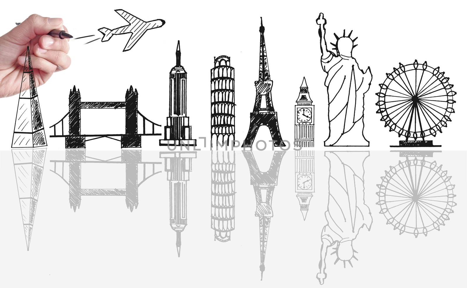 Global travel tourist landmarks skyline sketch  by unikpix