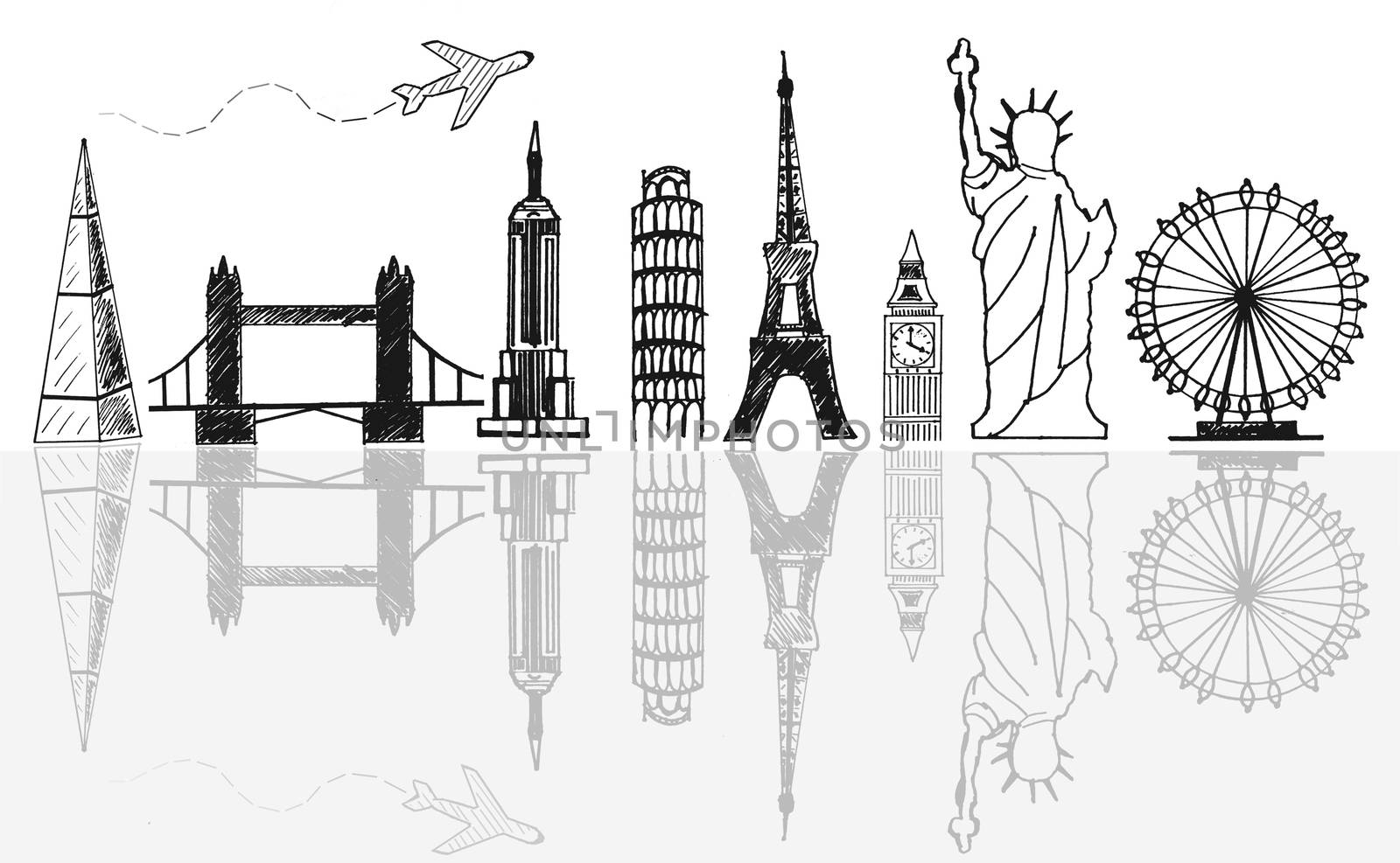 Global travel tourist landmarks skyline sketch  by unikpix