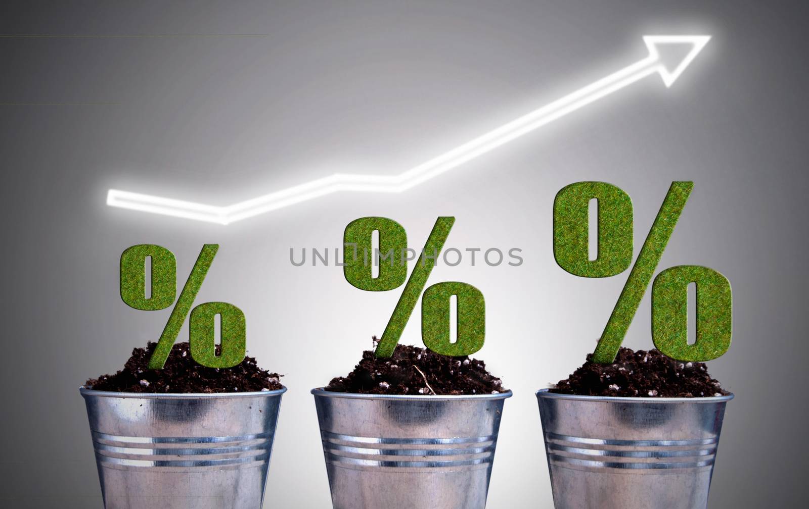 Per cent sign plants at different stages of growth with arrow pointing upwards 