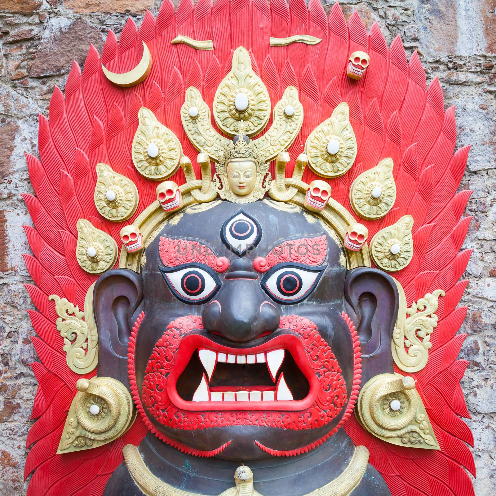 Bhairab Naach ("Bhairava's Dance") is an ancient masked dance performed by Newar community in the Kathmandu Valley of Nepal as part of the Indra Jatra festival. This mask is used during the dance.