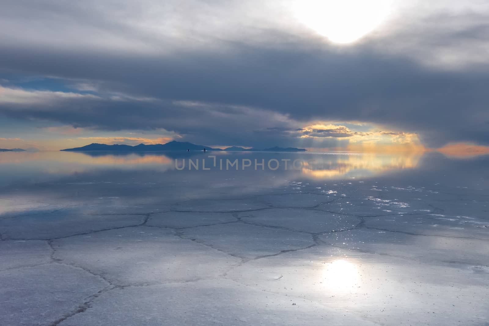 Sunset in Salar de Uyuni salt flats desert, Andes Altiplano, Bolivia