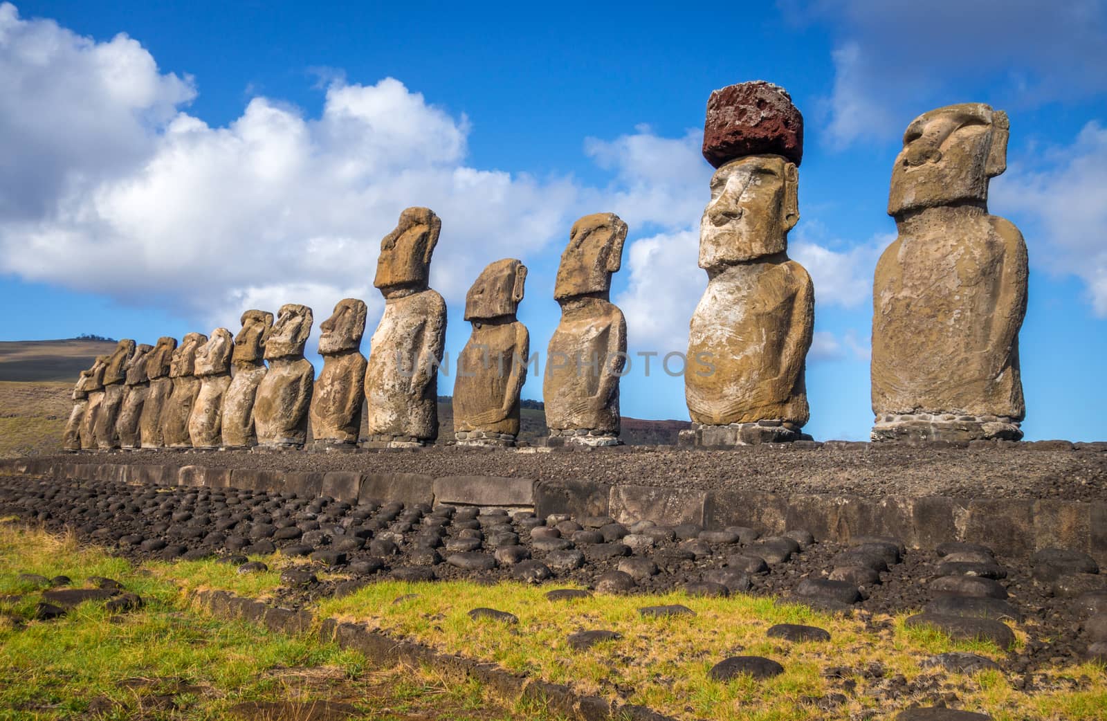 Moais statues, ahu Tongariki, easter island, Chile