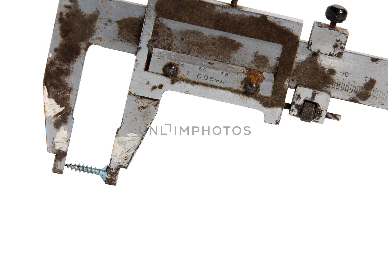 Rusty old vernier calipers isolated on white background