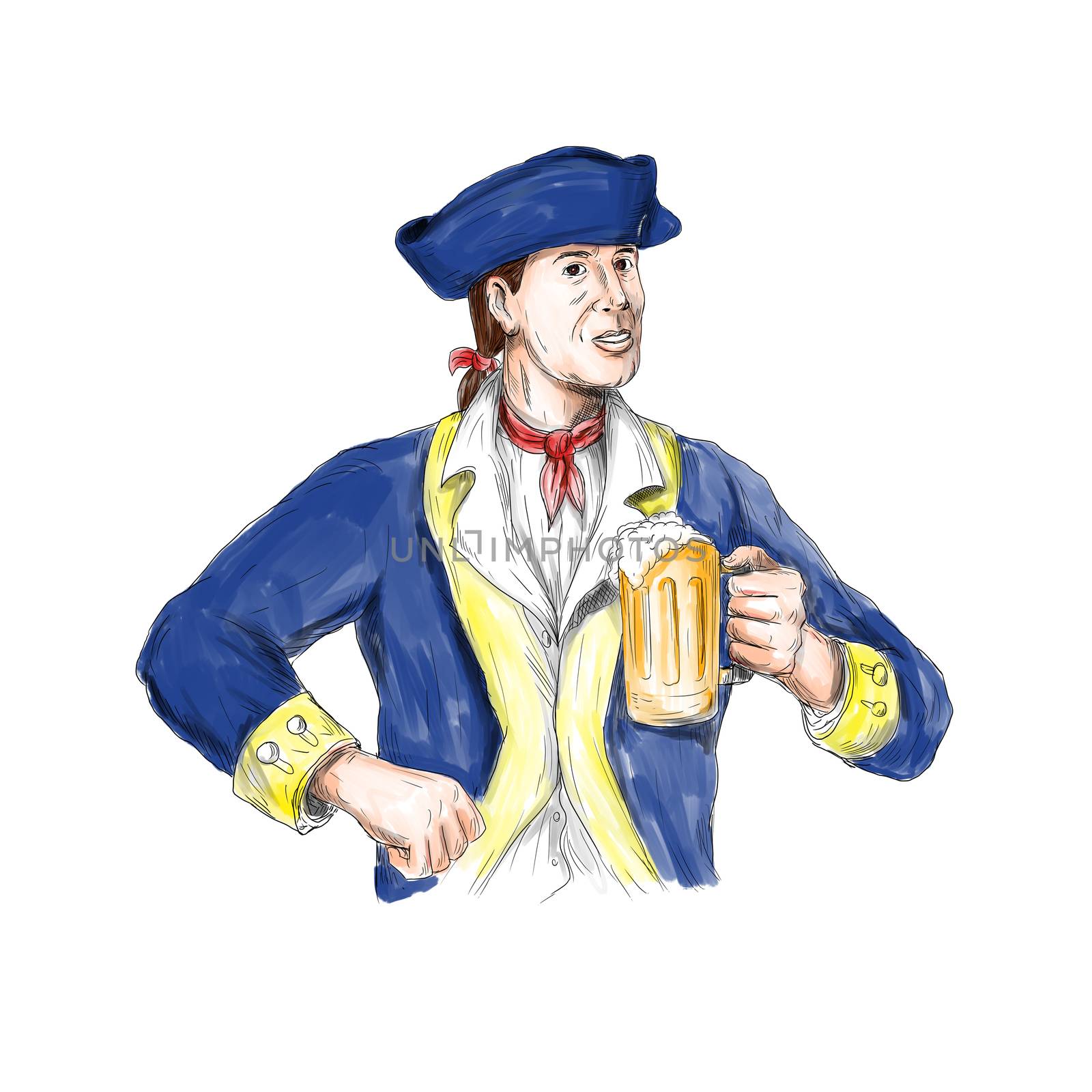 Watercolor style illustration of an american patriot holding beer mug toasting
viewed from front set on isolated white background. 