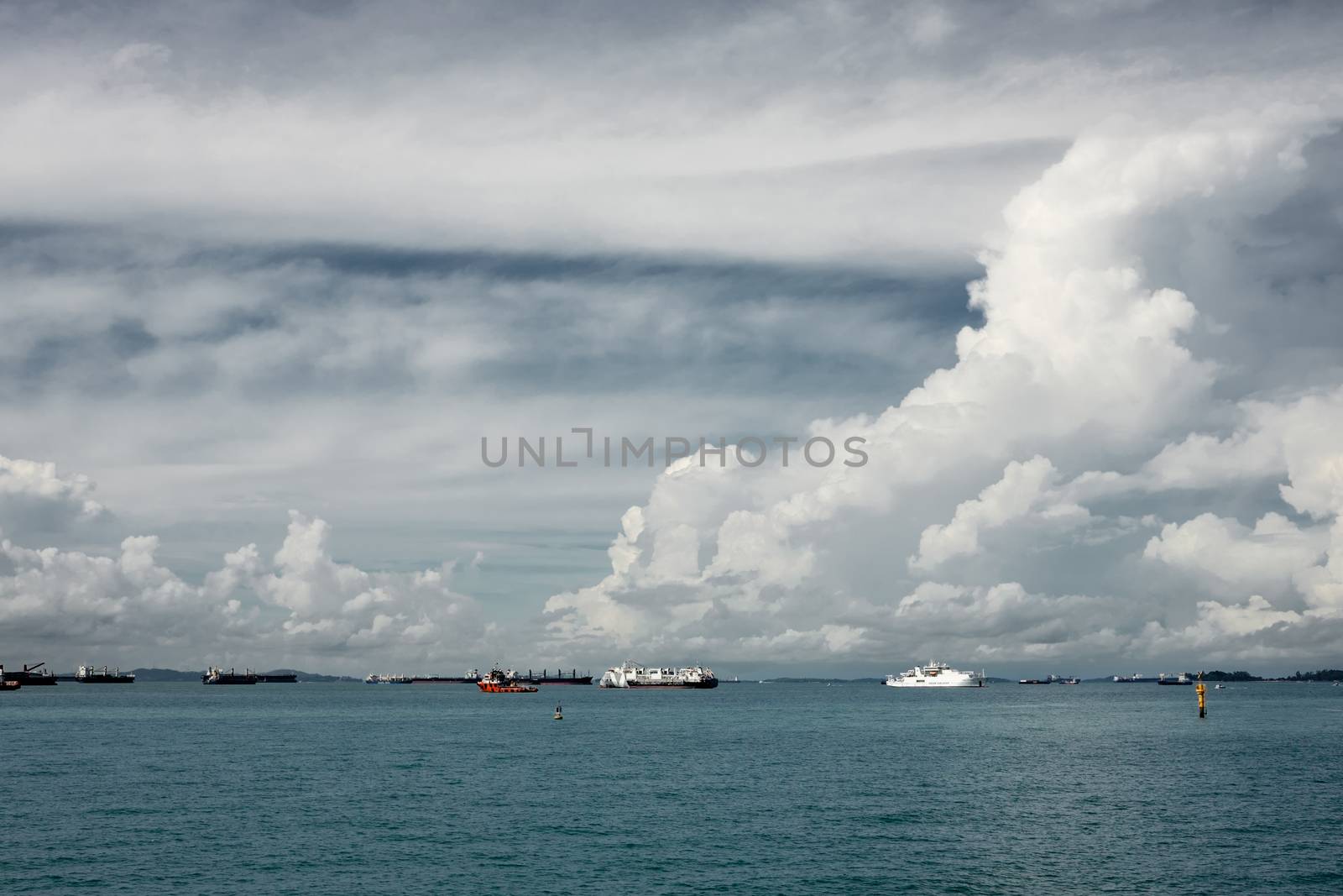Many ships at the horizon. Cloudy sky