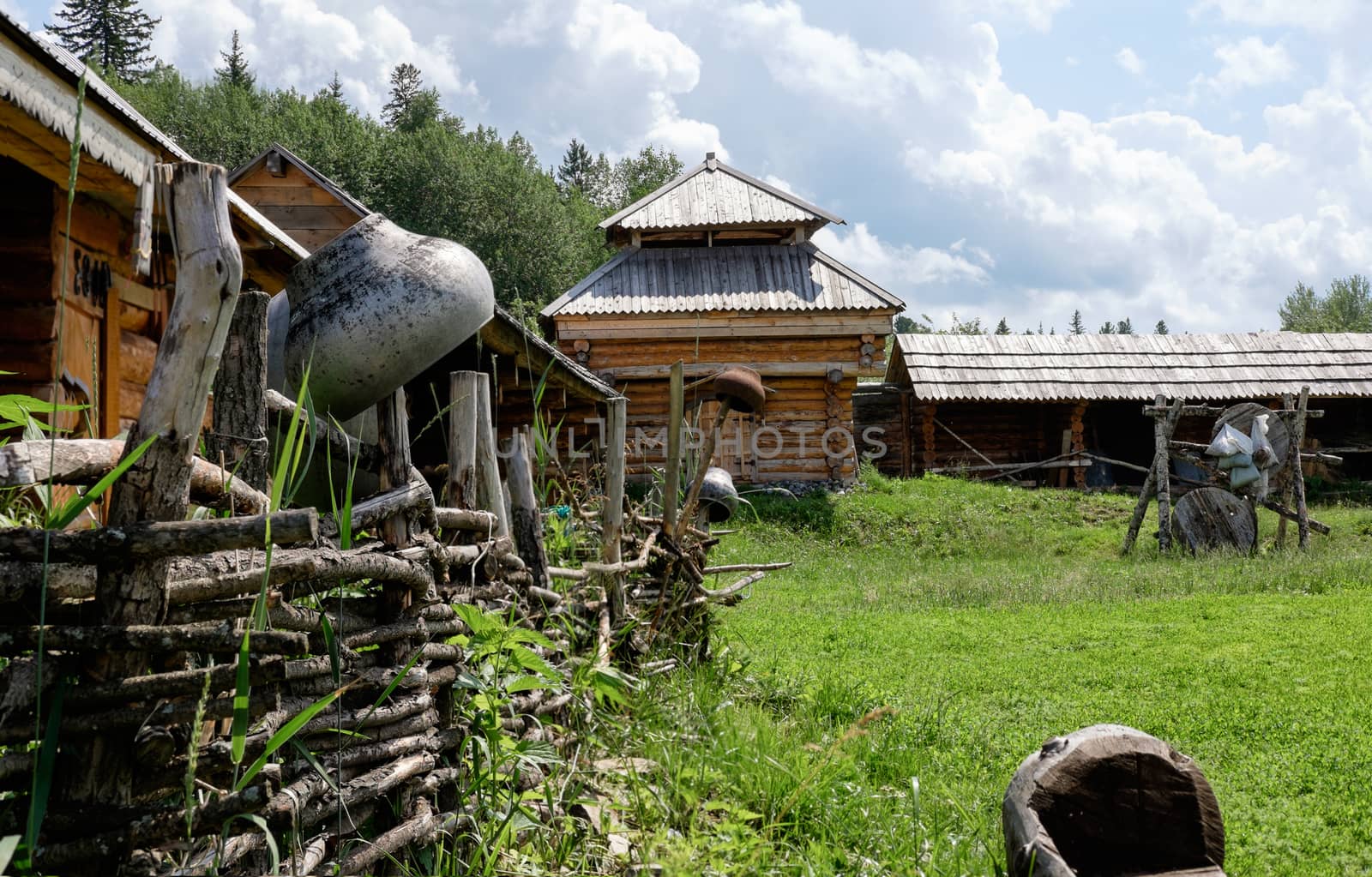 Semiluzhenski kazak ostrog - Russian small wooden fort,  Ostrog is encircled by 4–6 metres high palisade walls made from sharpened trunks. The name derives from the Russian word  strogat', "to shave the wood". Ostrog was an exclusively military fort. Ostrog was built in remote area at Semiluzhki village in Siberia. Near city Tomsk.There is a small wooden chapel of St Nikolay (Nikolas) inside.