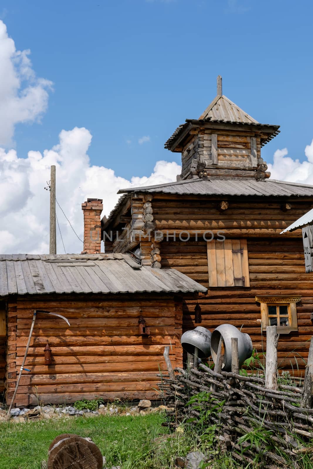 Semiluzhenski kazak ostrog - Russian small wooden fort,  Ostrog is encircled by 4–6 metres high palisade walls made from sharpened trunks. The name derives from the Russian word  strogat', "to shave the wood". Ostrog was an exclusively military fort. Ostrog was built in remote area at Semiluzhki village in Siberia. Near city Tomsk.There is a small wooden chapel of St Nikolay (Nikolas) inside.