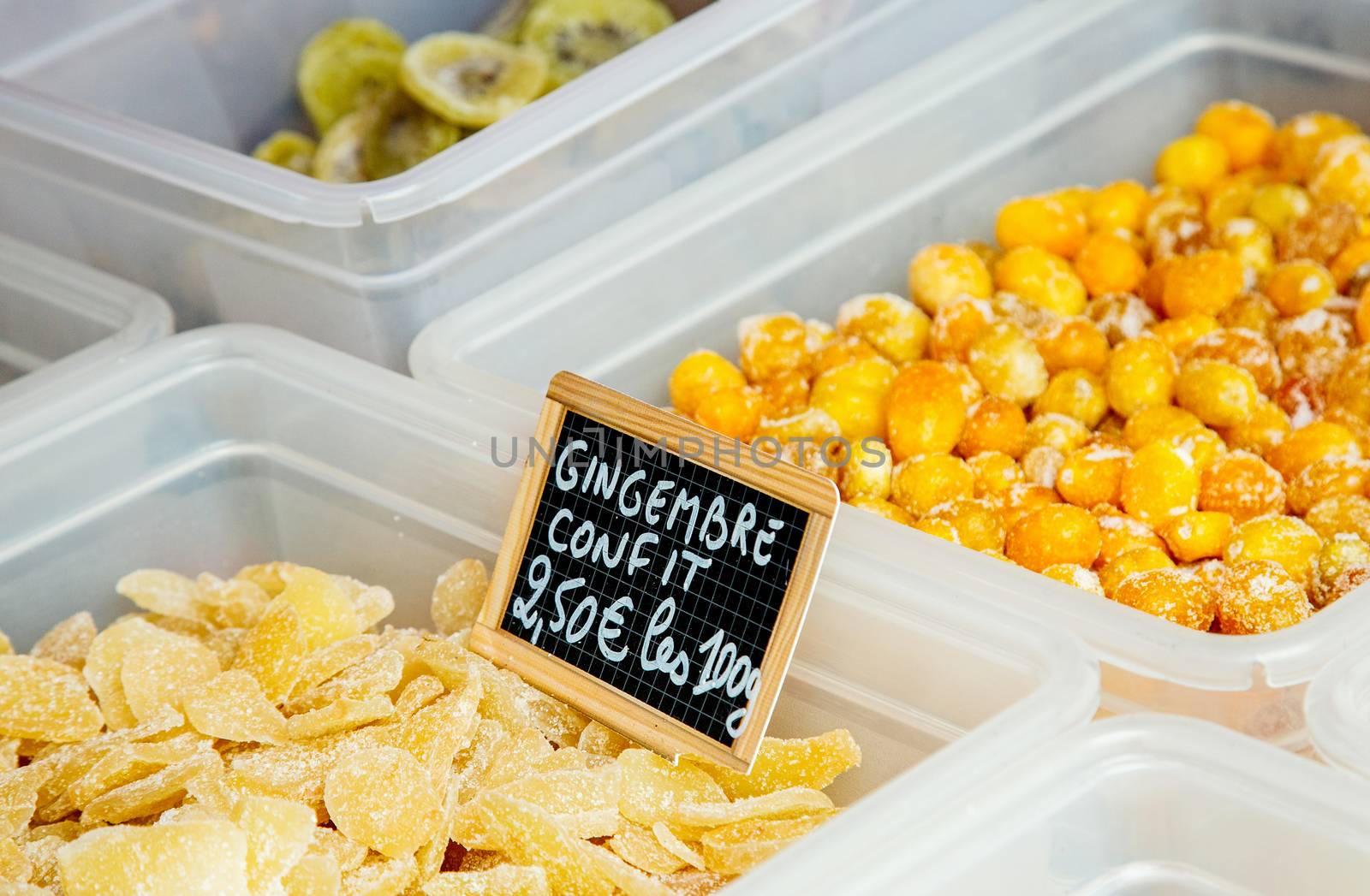 Candied ginger ("gingembre confit" in French) at the food market by pixinoo
