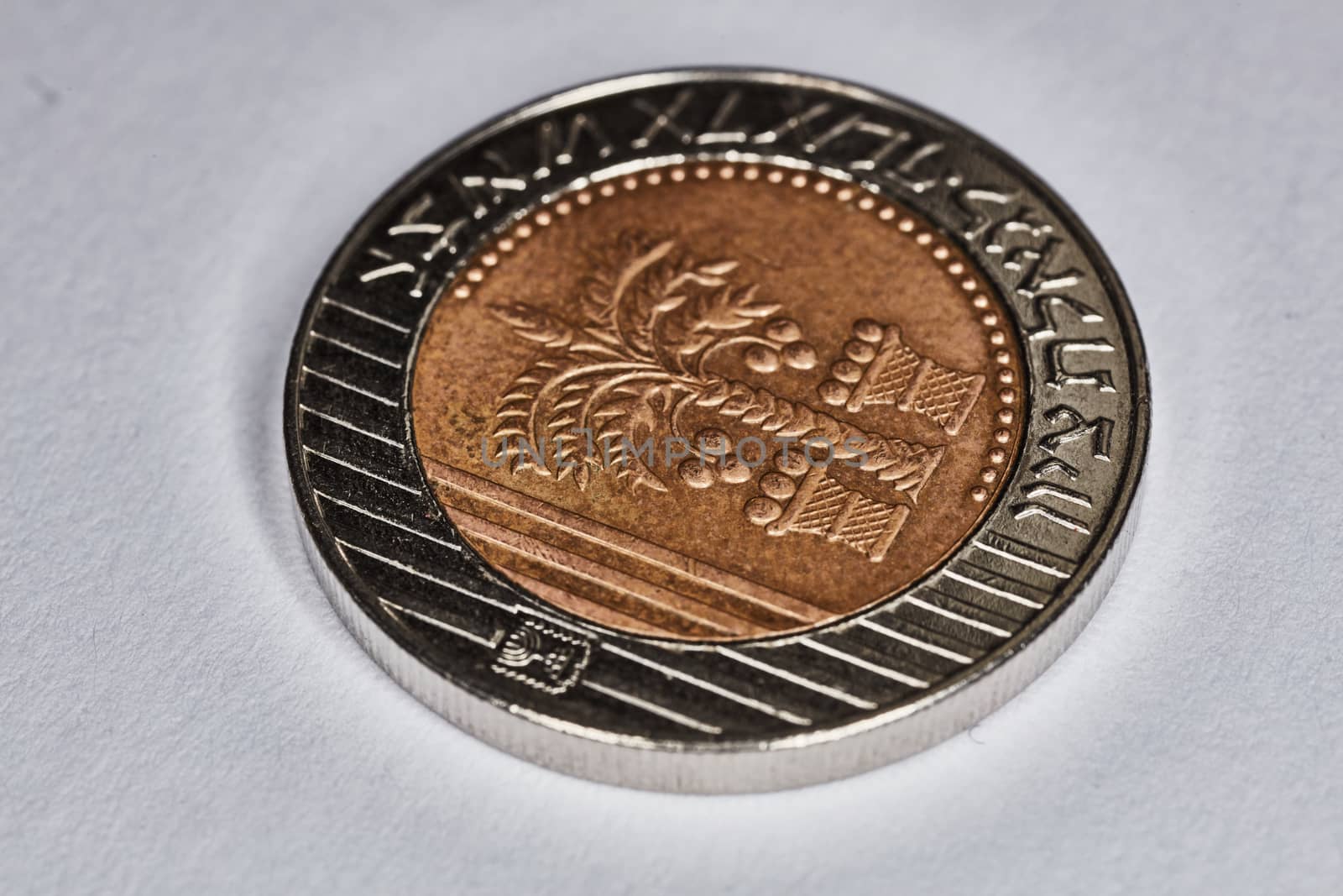 Ten shekel coin macro isolated on white surface
