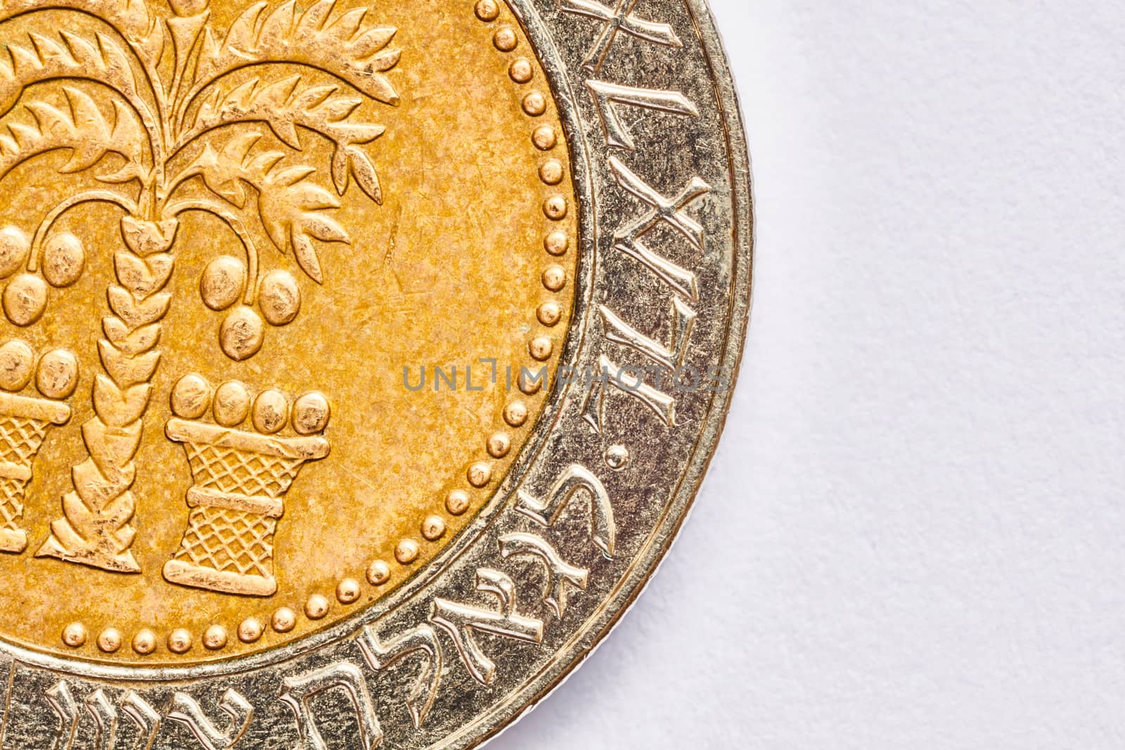 Ten shekel coin macro isolated on white surface