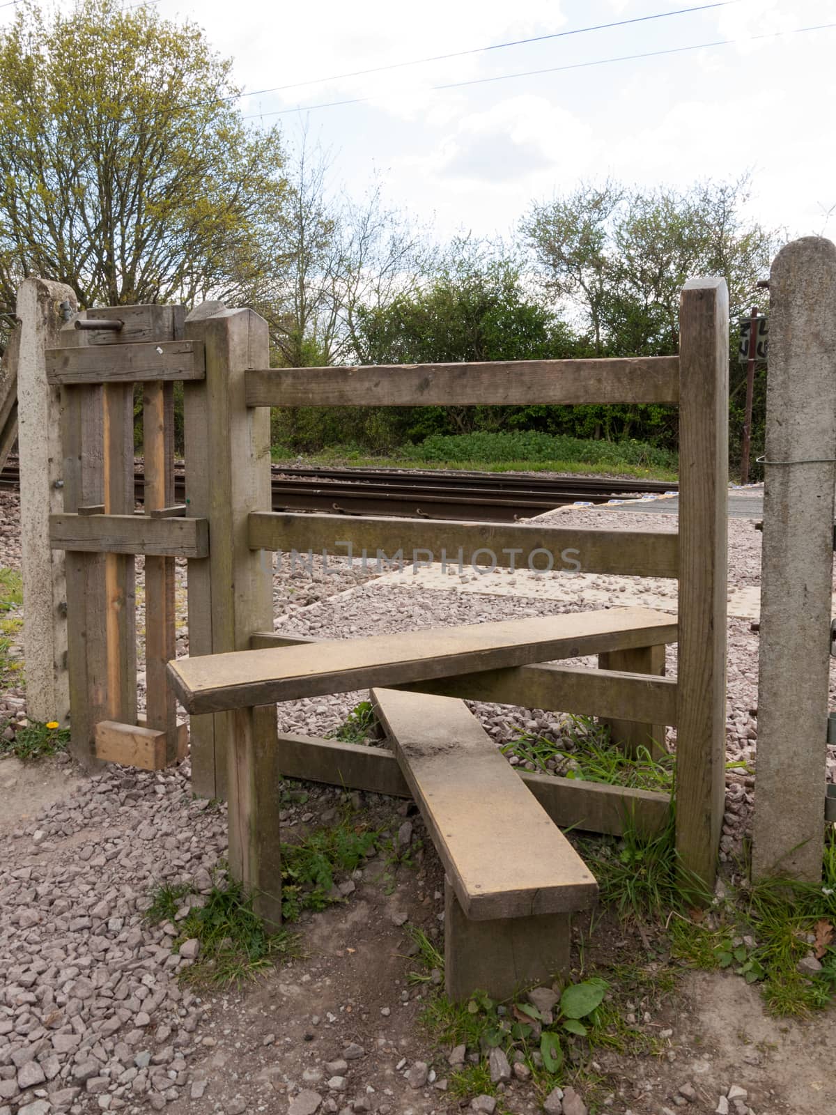 The Wooden Crossing Over A Railway Track, the Planks To Cross Over the Path with Gate and Fence in Spring