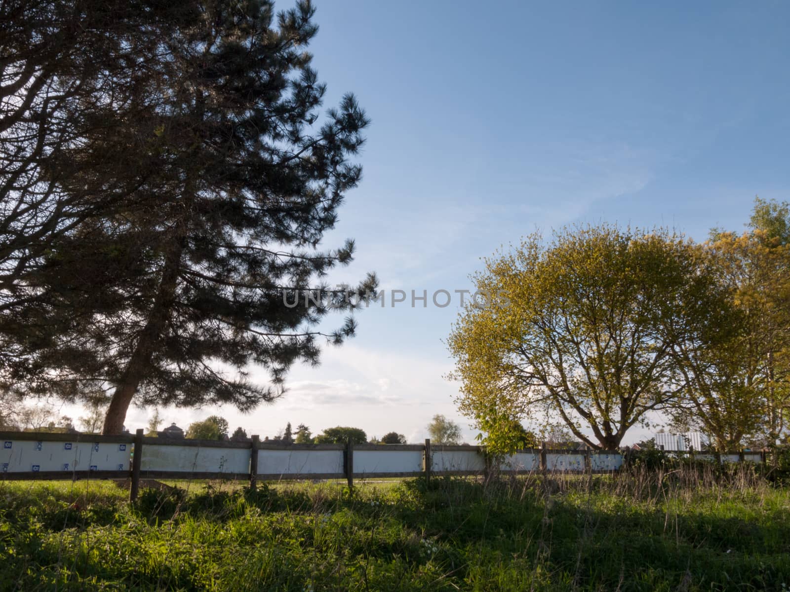a fence a field some trees and a setting sun creating a beautiful scene relaxing and peace natural landscape in spring