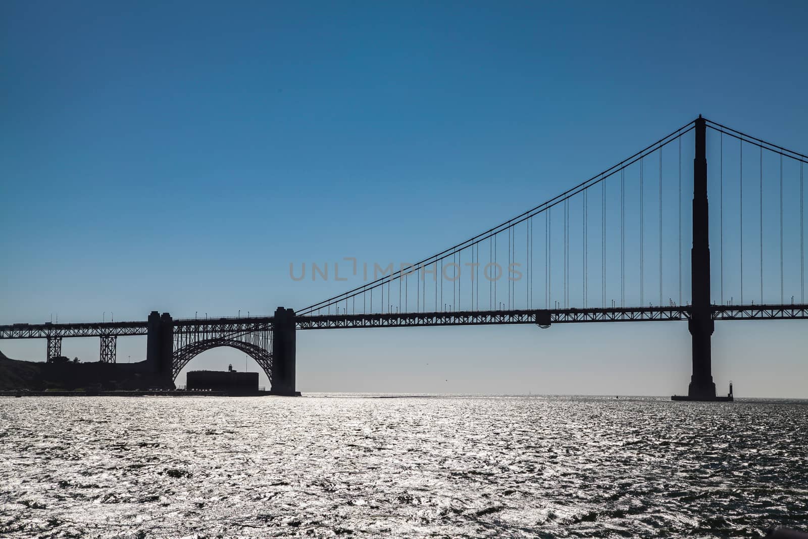 A silhouette of the Golden Gate Bridge.