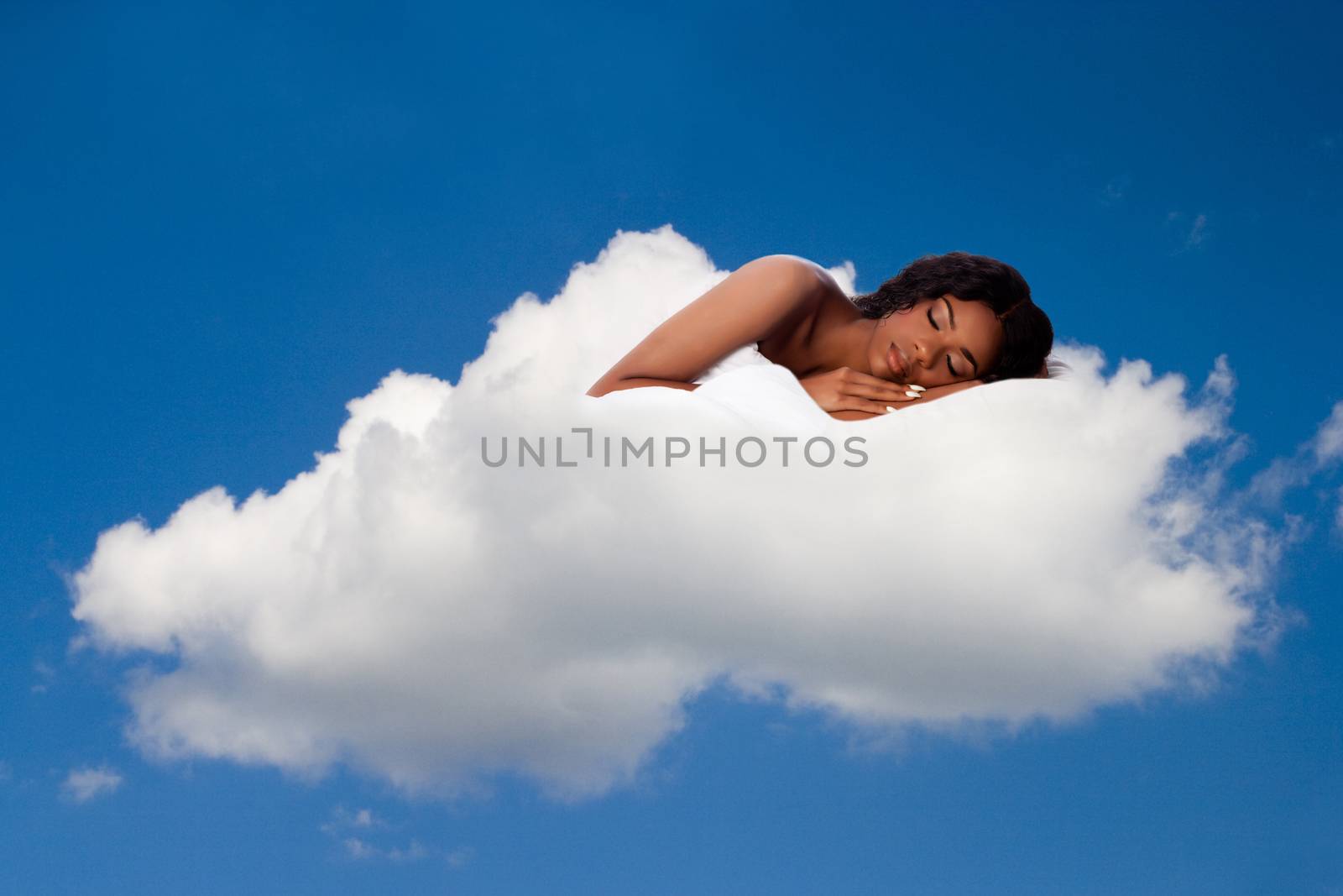 Beautiful woman deeply asleep and dreaming on comfortable soft fluffy white cloud nine, concept.