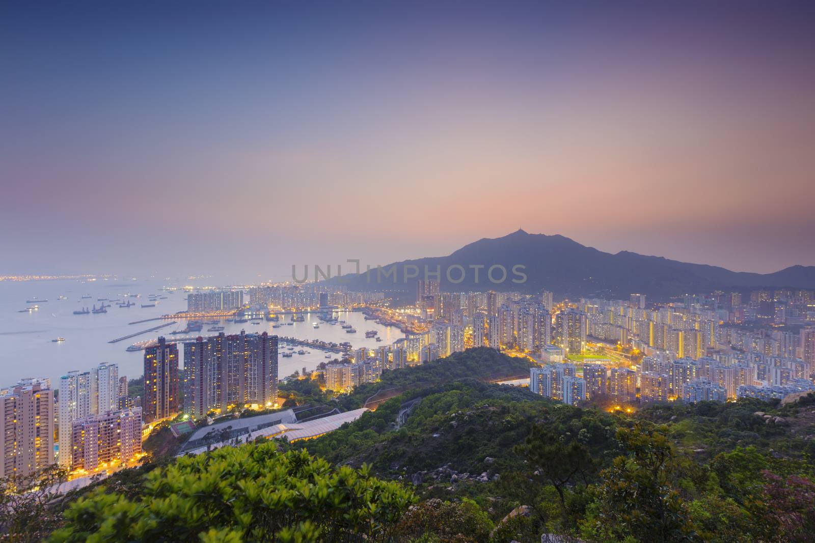 Hong Kong Tuen Mun skyline and South China sea by cozyta