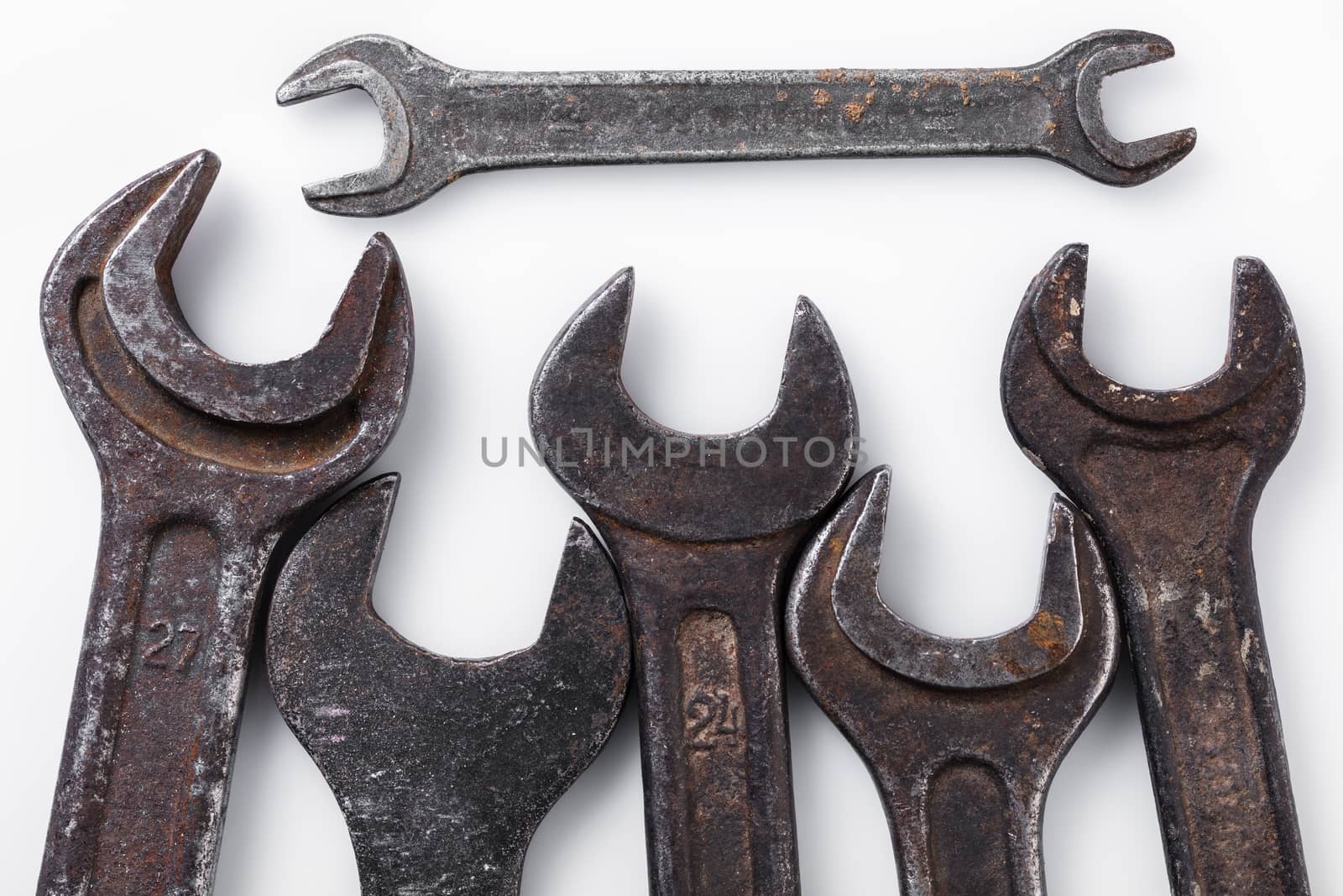 spanners of different sizes on a white background