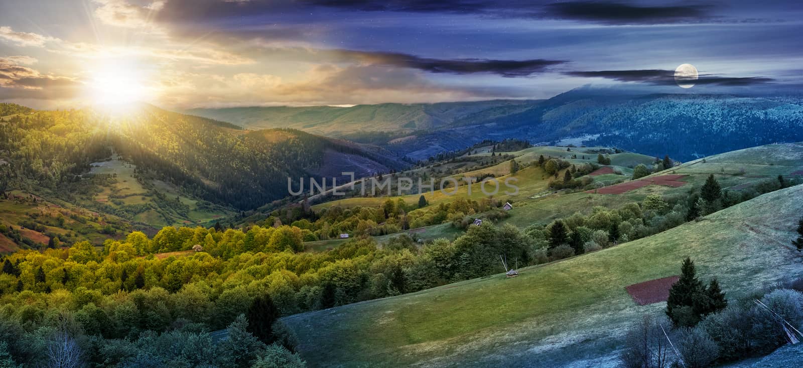 Panoramic rural landscape. Time change concept. day nad night change. forest in mountain rural area. green agricultural field on a hillside. beautiful summer scenery