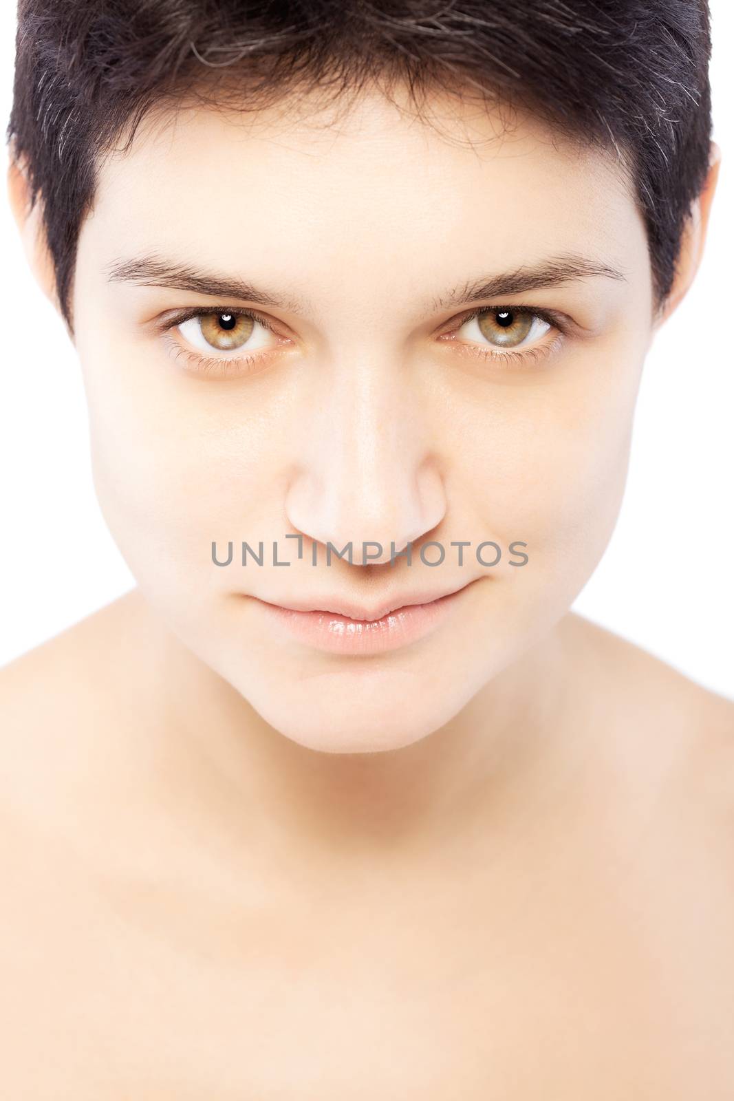 girl with a short hair looking at camera, positive expression