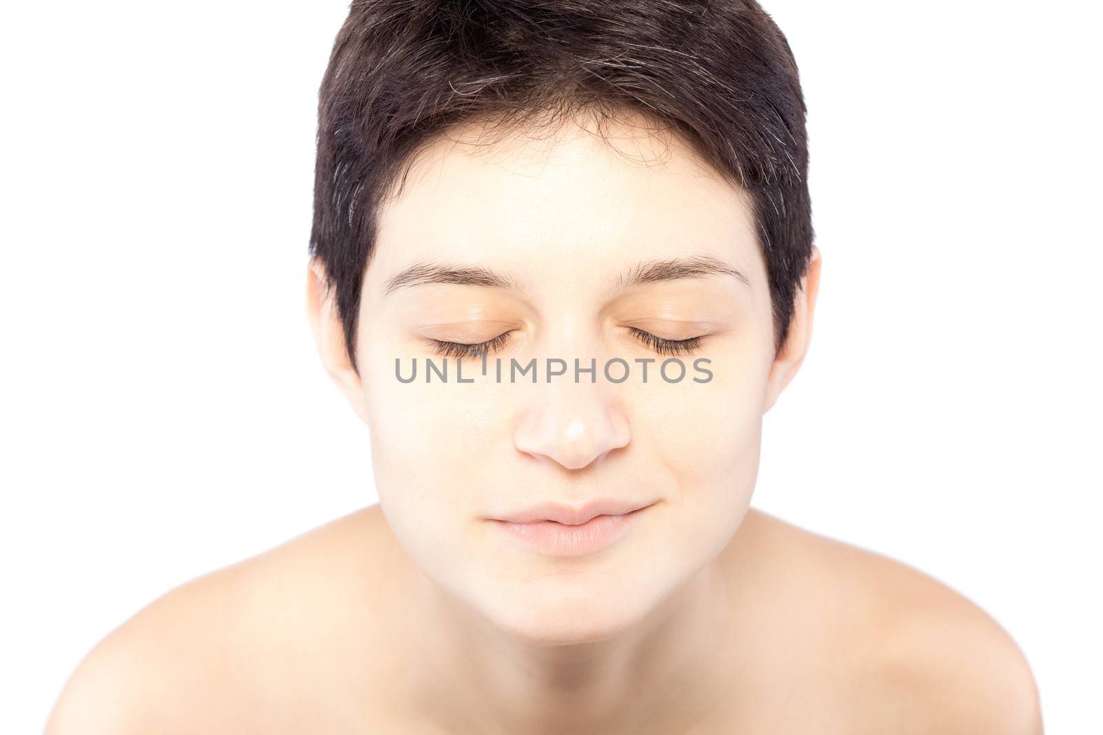 girl with a short hair looking down