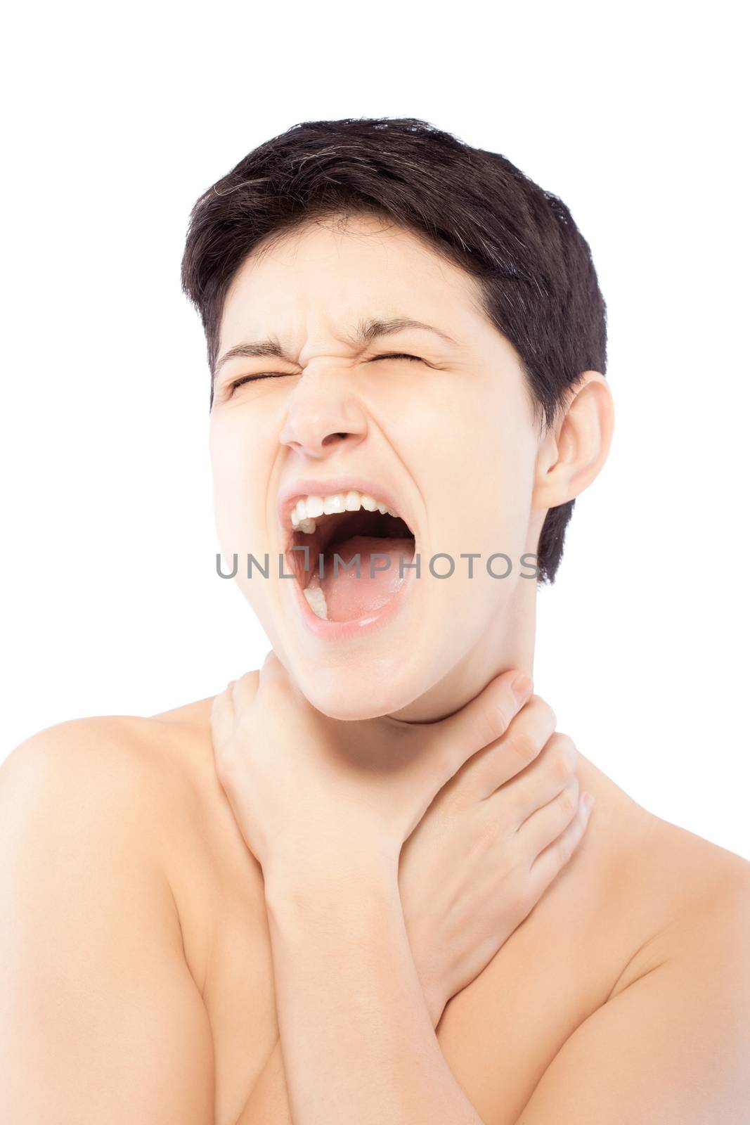 girl with a short hair touching her neck and screaming