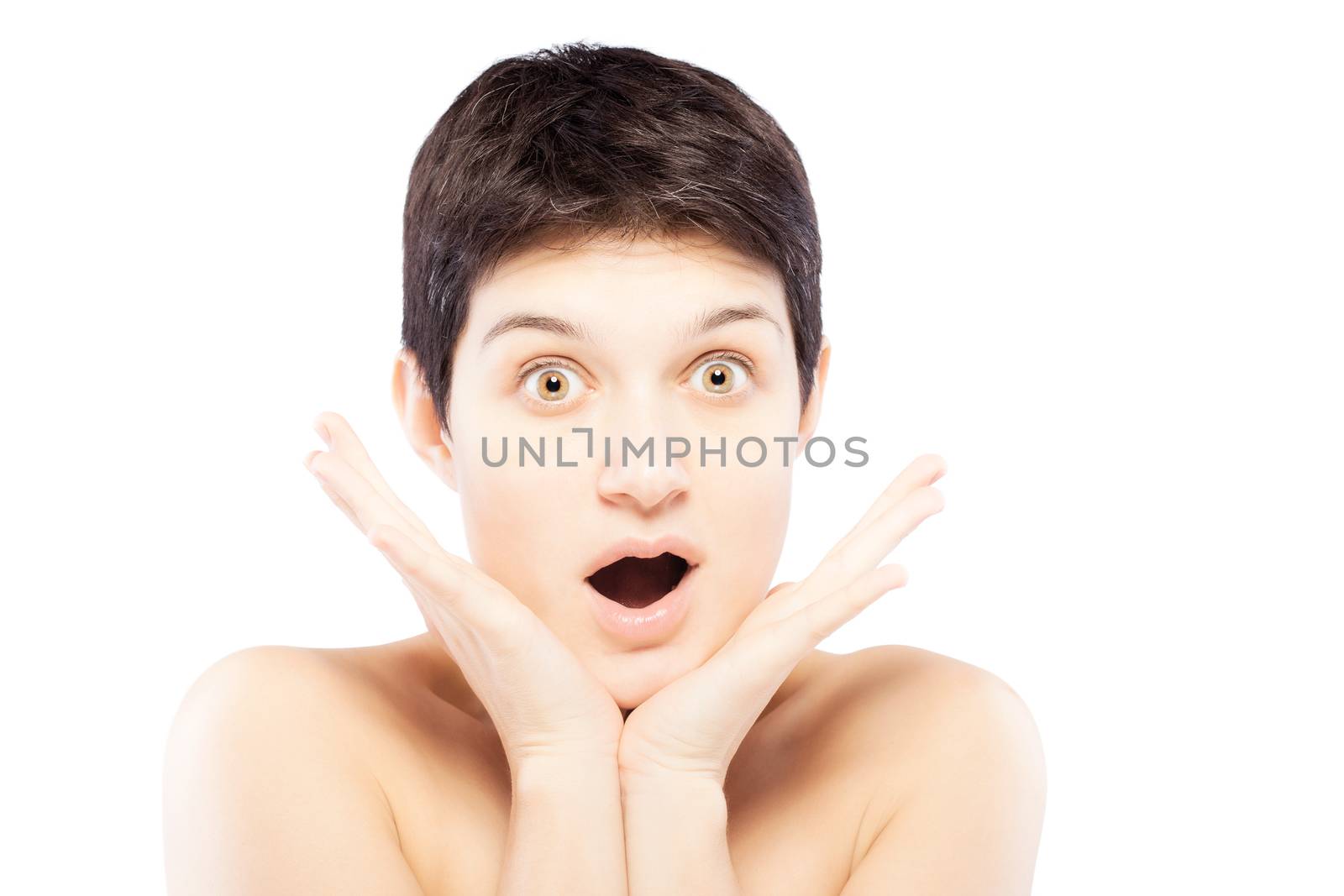 girl with a short hair making surprised expression