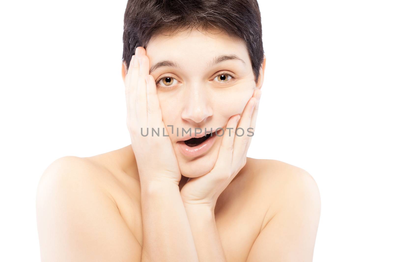 girl with a short hair making strange expression with her hands and face