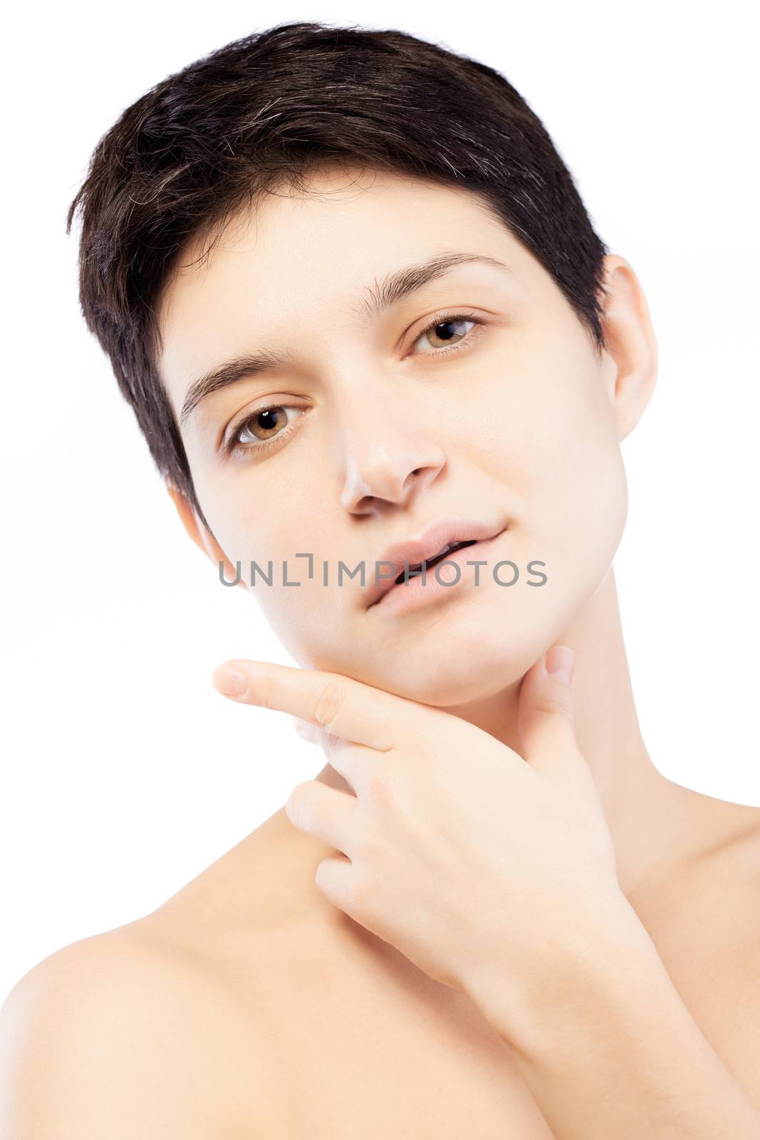 girl with a short hair touching her face, thinking expression