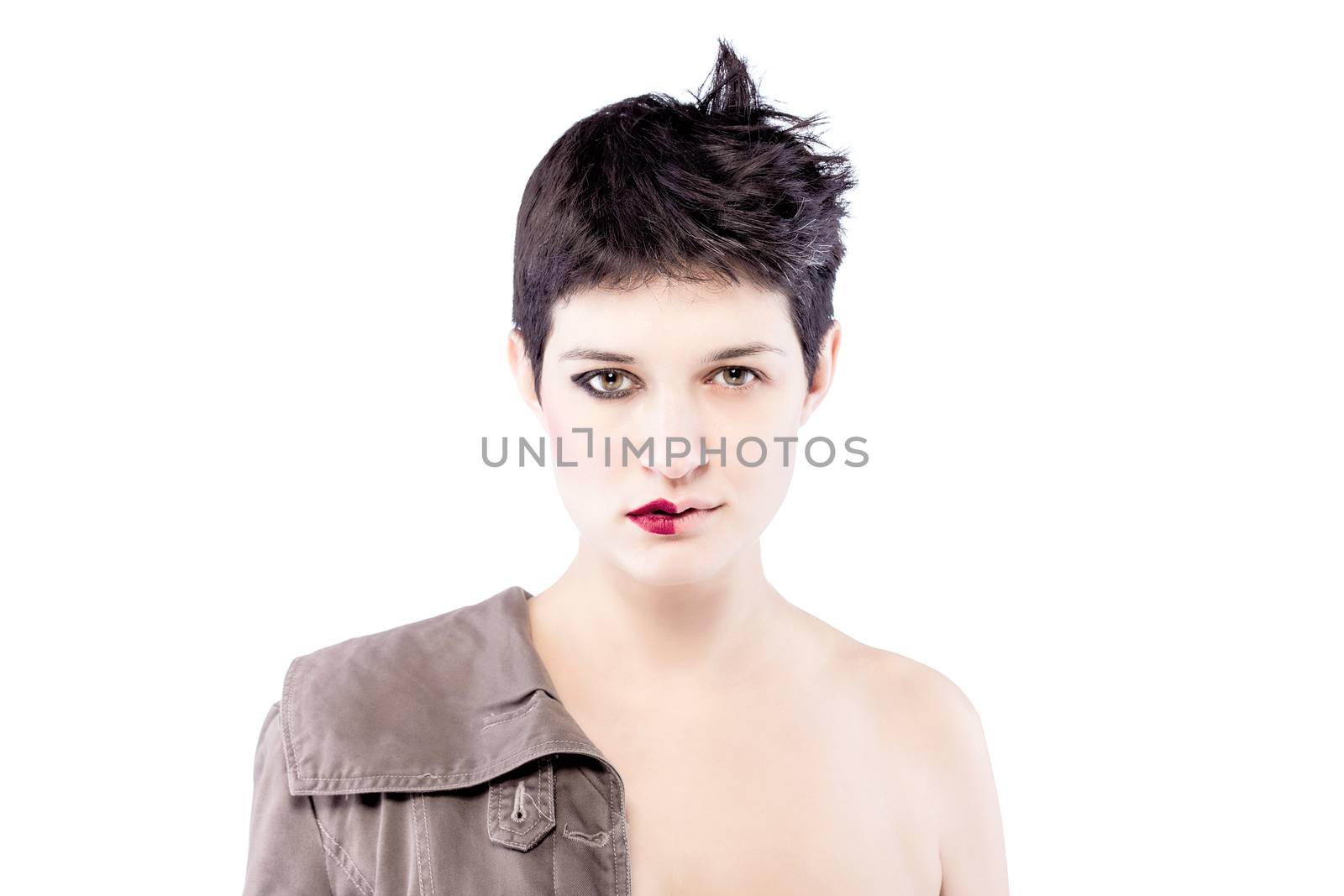 girl with a short hair, having half her face with make up