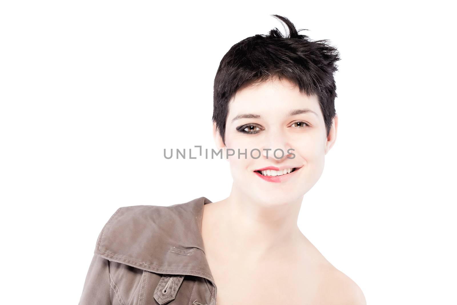 girl with a short hair, having half her face with make up, smiling