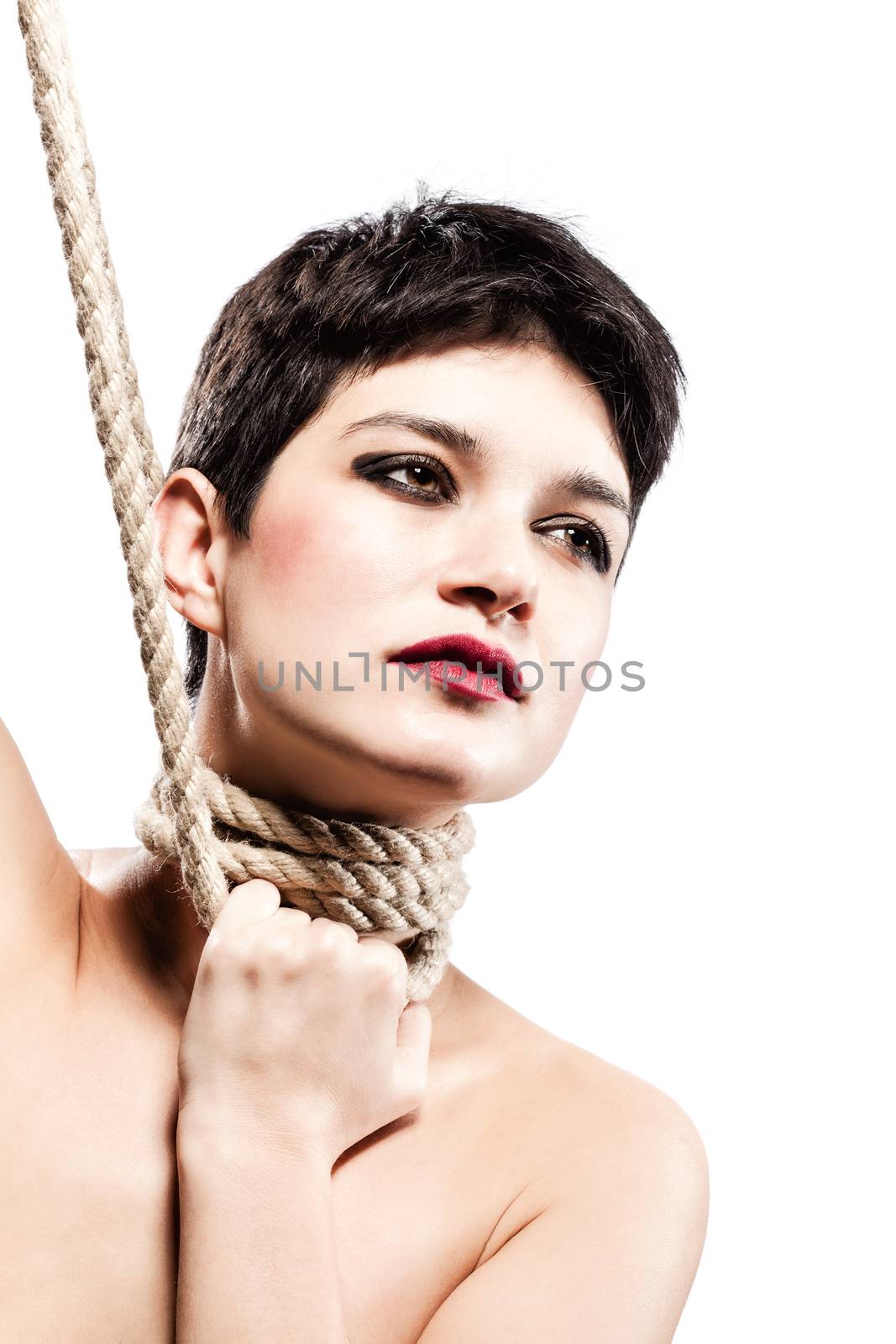 girl with short hair, having rope around her neck