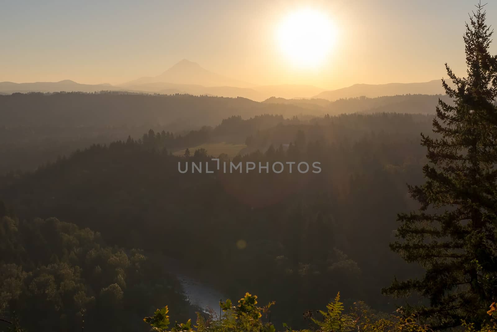 Sunrise over Mount Hood and Sandy River Valley at Jonsrud Viewpoint in Sandy Oregon