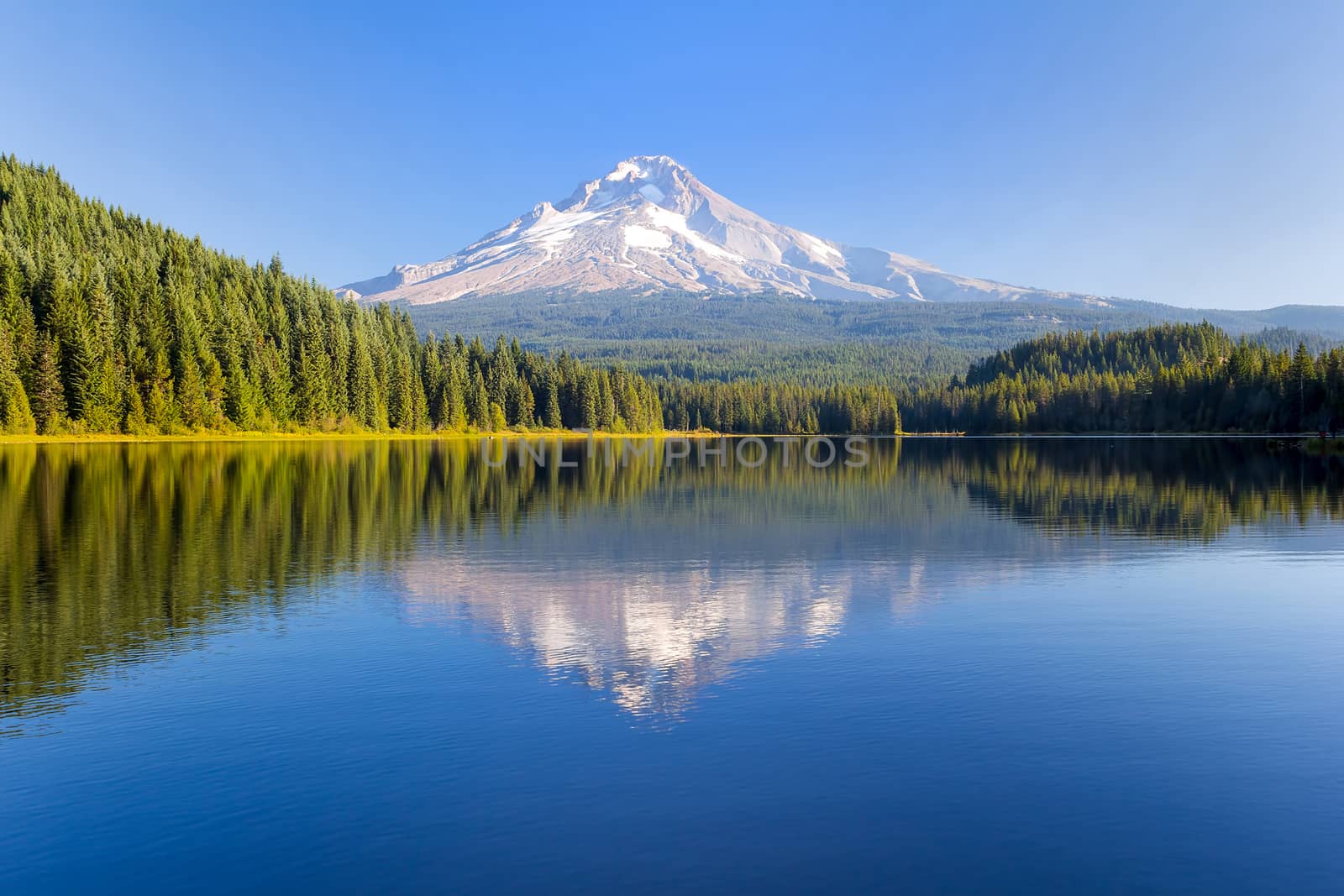 Mount Hood at Trillium Lake on a sunny blue sky day