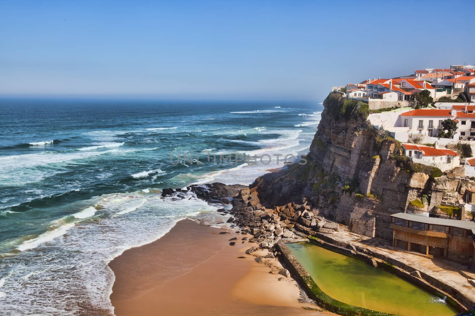 Azenhas Do Mar . Landmark On The Cliff And Atlantic Ocean, Sintra