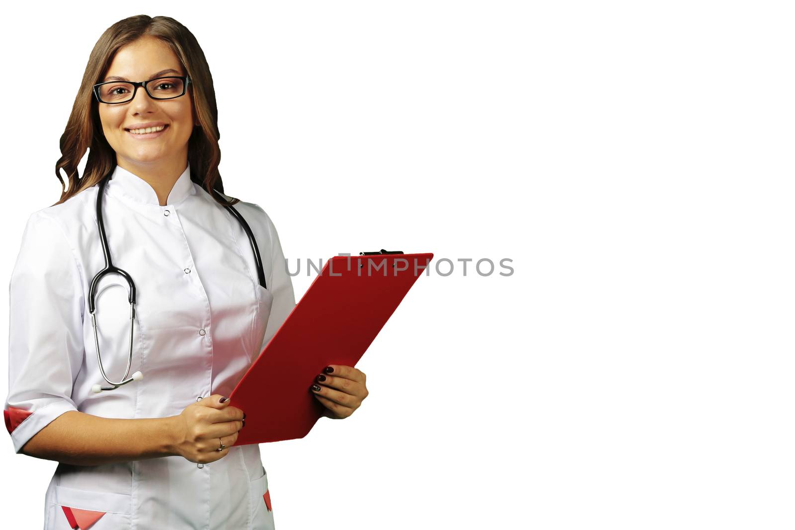 Female doctor in white coat isolated on white background