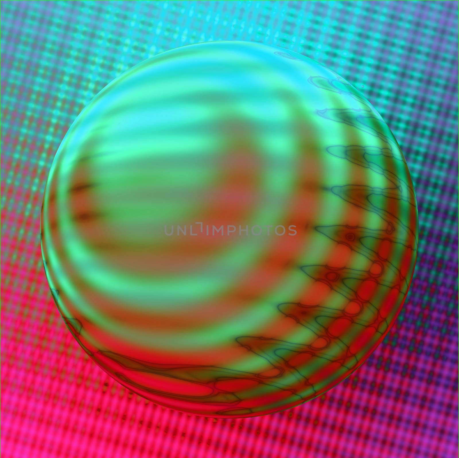 A brightly colored sphere against a patterned background.