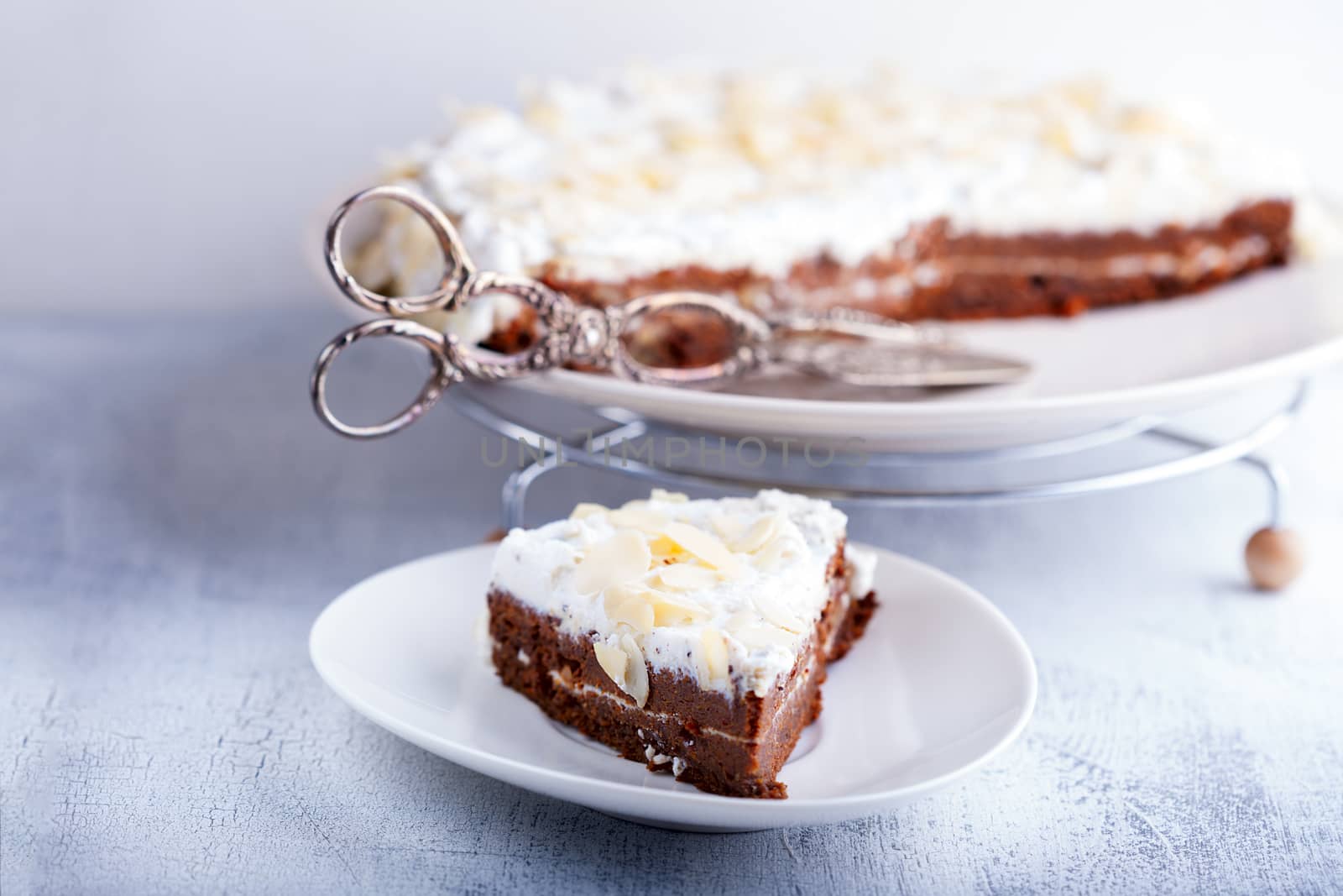 A slice of carrot cake, gluten-free, flour from rice, flax. Selective focus.