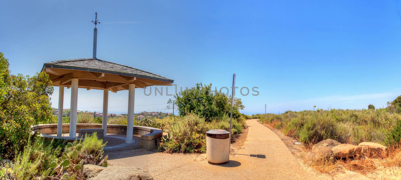 Gazebo over Bobcat Hiking Trail in Newport Beach, California in spring