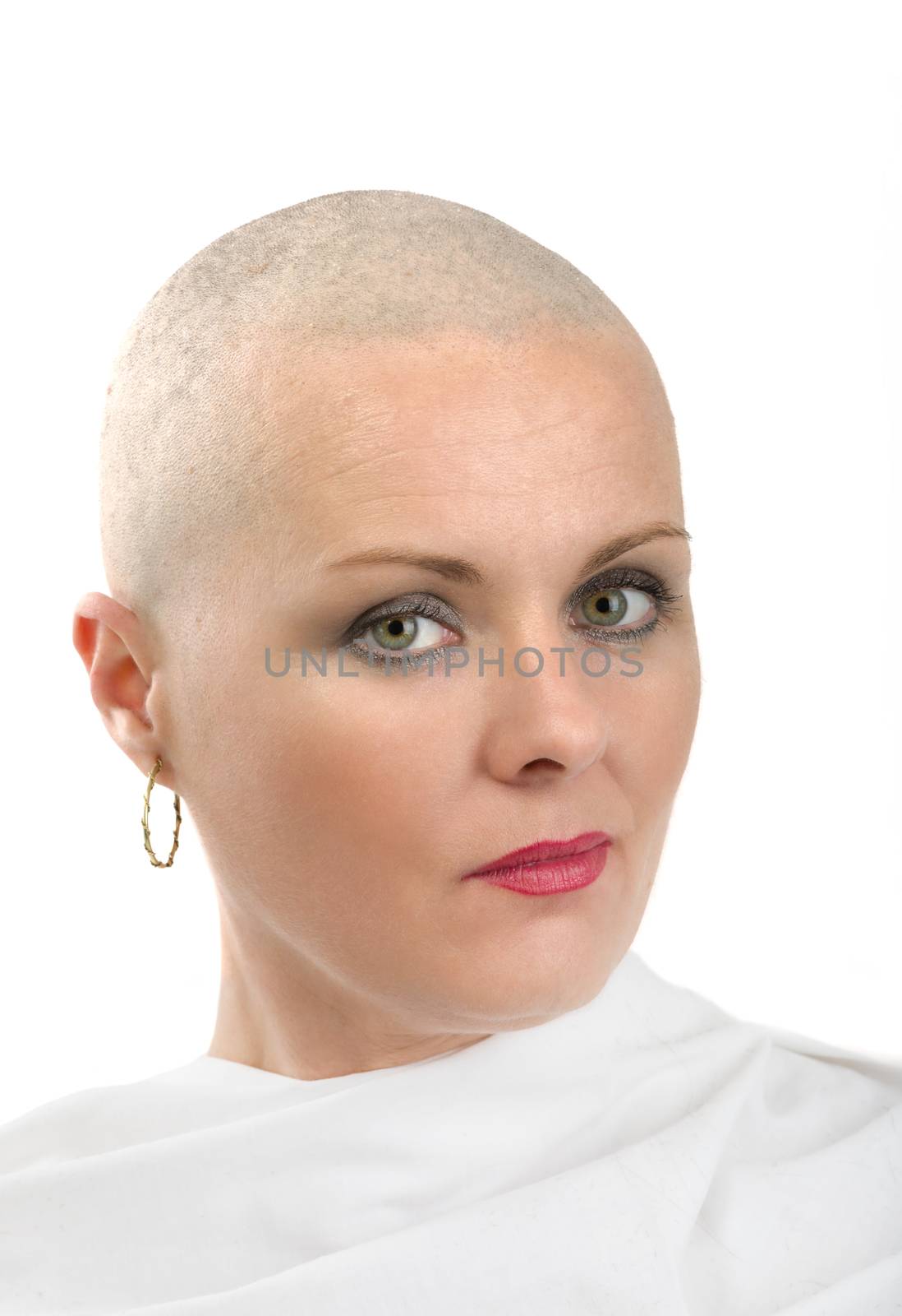 Portrait of beautiful middle age woman patient with cancer with shaved head without hair isolated on white background, hope in healing. She lost her hair