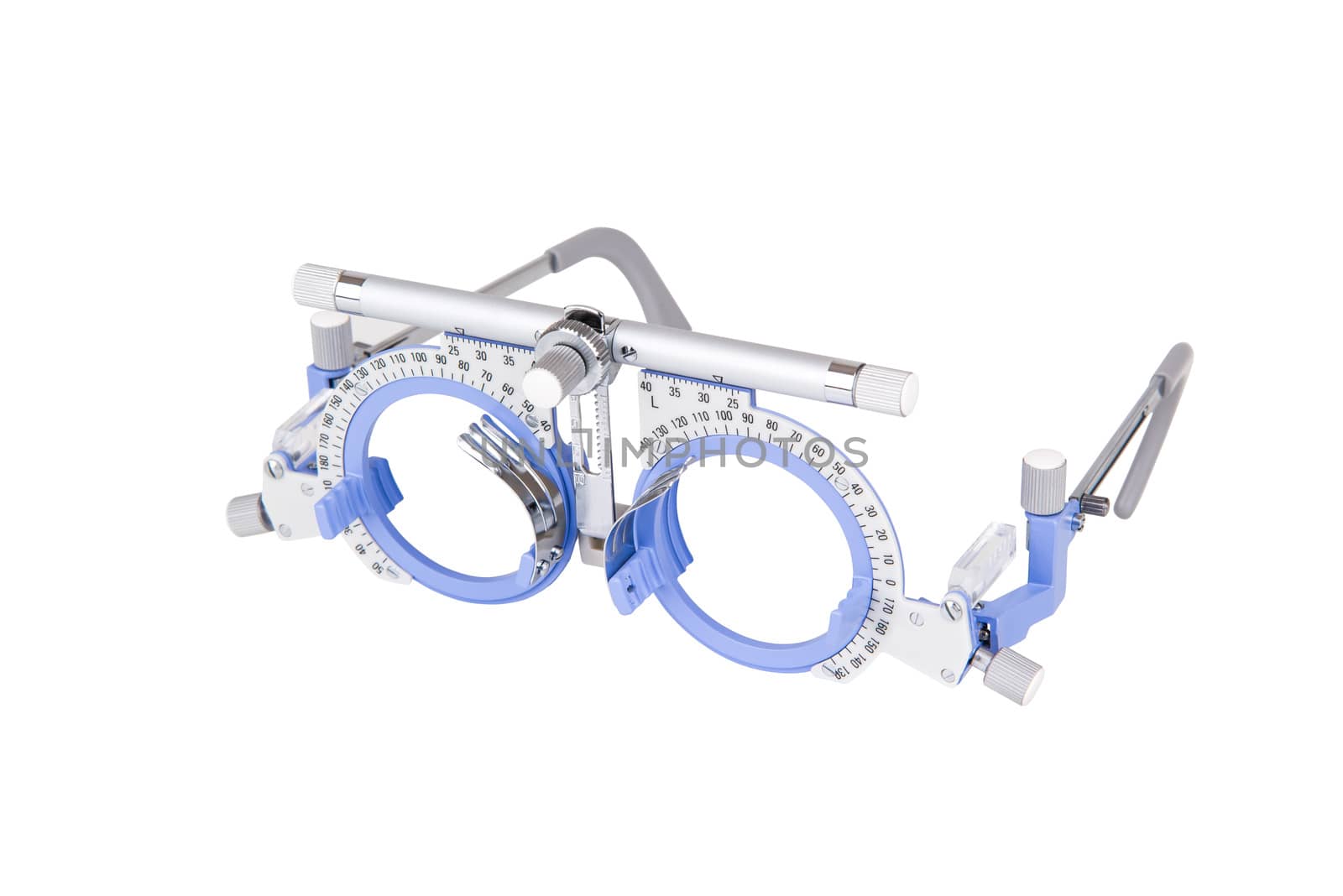 Closeup of eye test glasses on white background