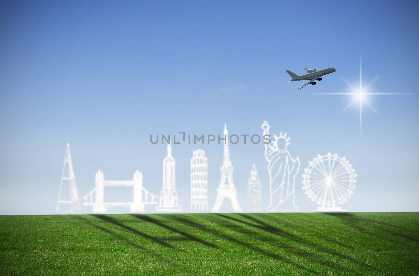 Clouds in the shape of a global tourist landmakrs against blue sky 