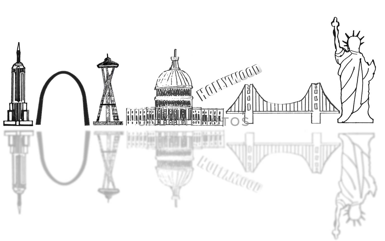 Skyline sketch of American tourist landmarks