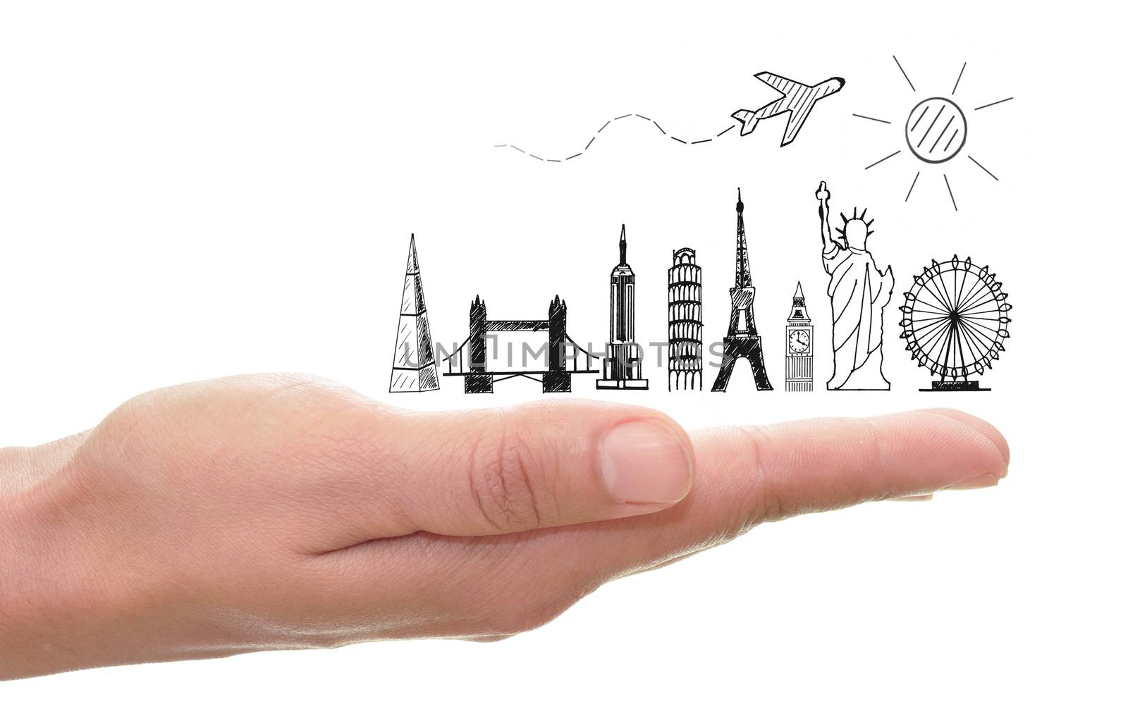 Sketch of famous landmarks including the statue of liberty and tower of pisa over a hand