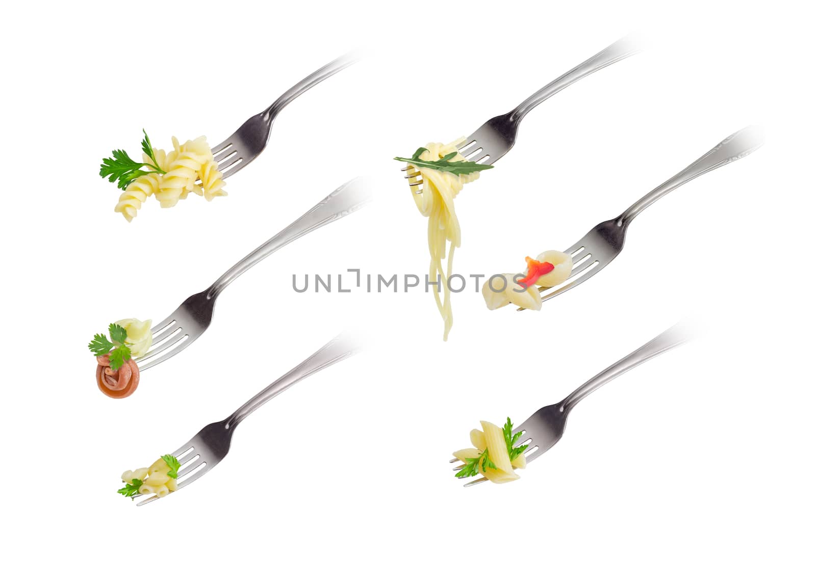 Set of images of the various cooked pasta on the stainless steel fork on a light background
