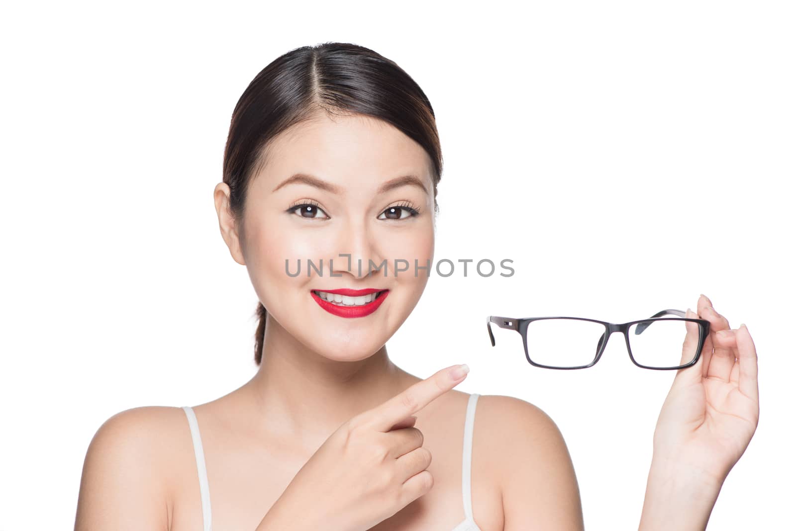 Proposing product. Beauty asian girl showing glasses by makidotvn