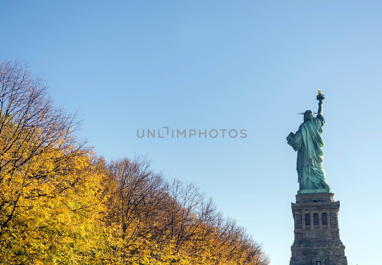 back of the statue of liberty with autumn foliage