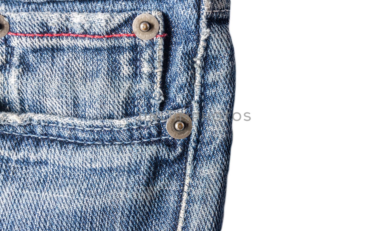 Jeans close-up, old, pocket back, front, crumpled, torn.Isolated on white background.