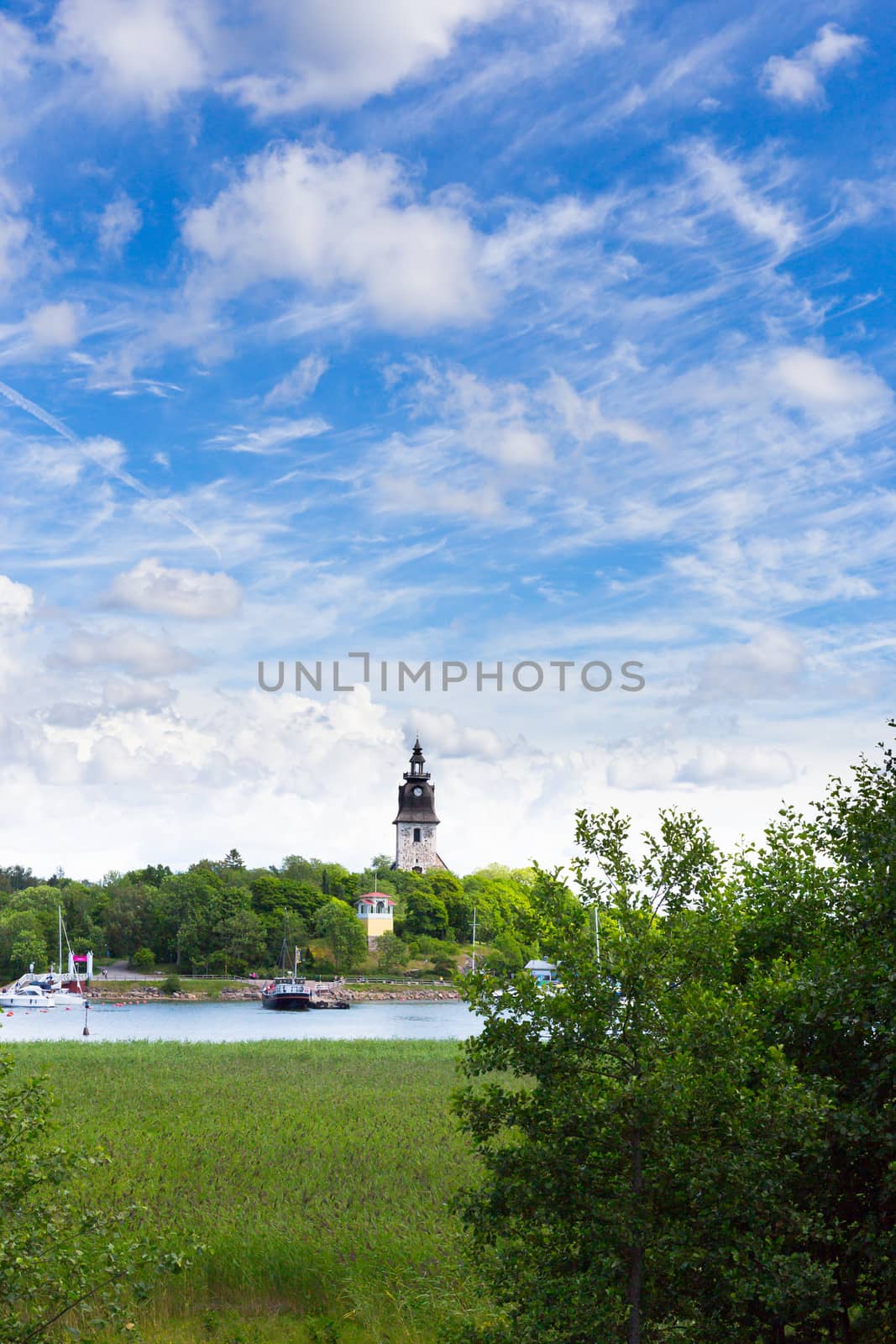 Church, sky and port in Naantali, Finland